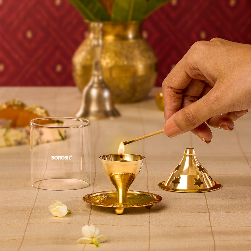 Borosil Akhand Diya, Brass, Small (TR)