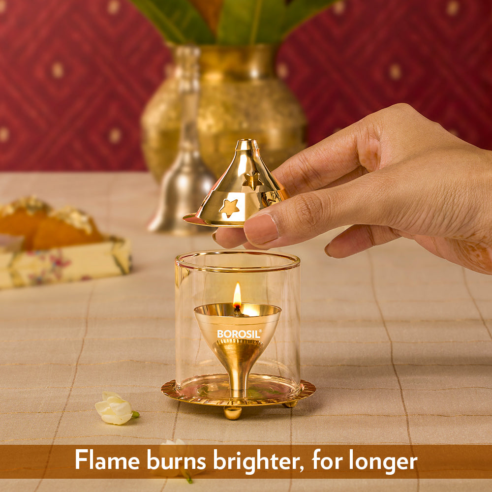 Borosil Akhand Diya, Brass, Small (TR)