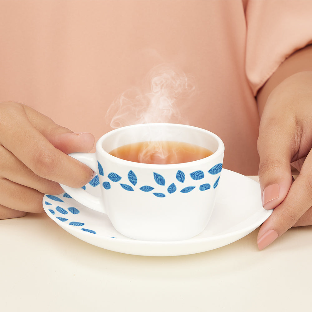 Larah by Borosil Blue Leaves Cup n Saucer Set 140 ml x 12
