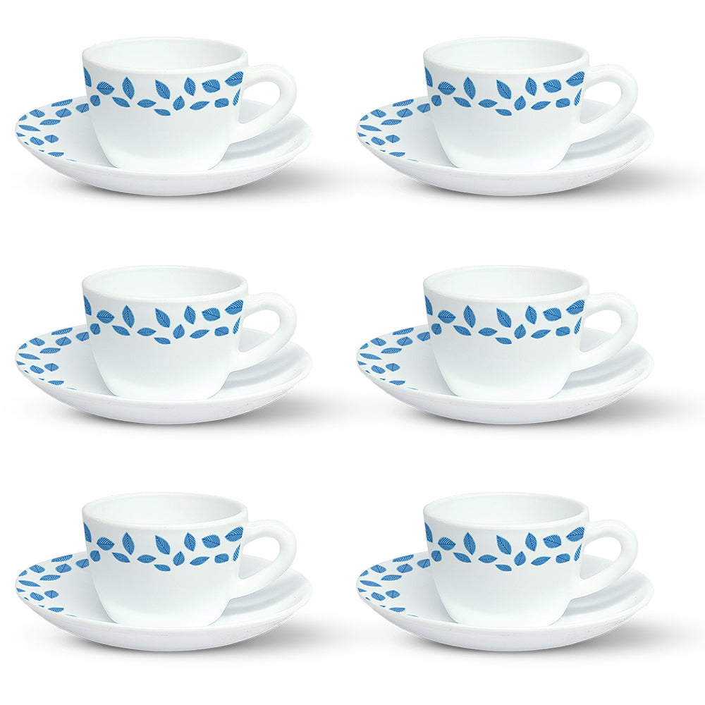 Larah by Borosil Blue Leaves Cup n Saucer Set 140 ml x 12