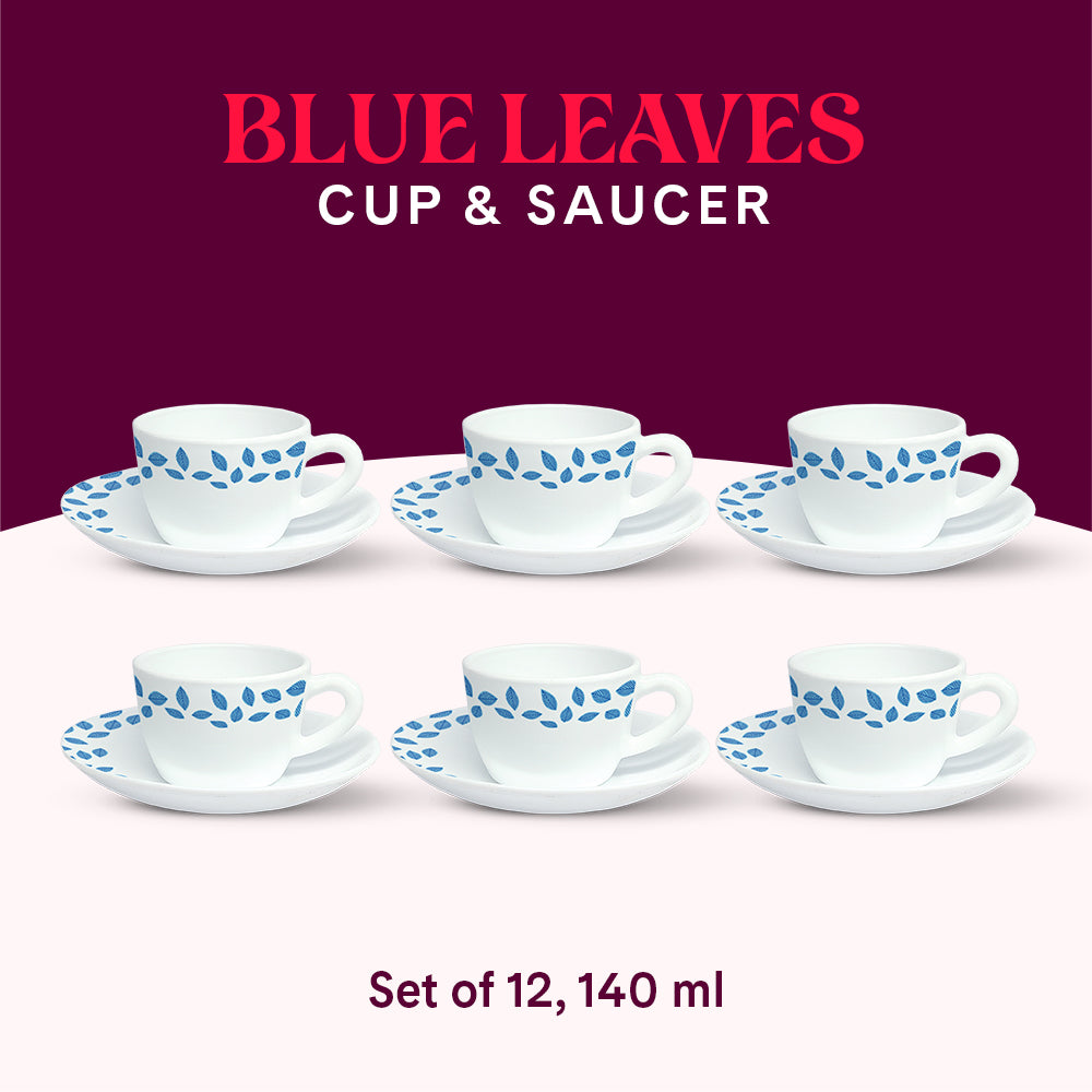 Larah by Borosil Blue Leaves Cup n Saucer Set 140 ml x 12