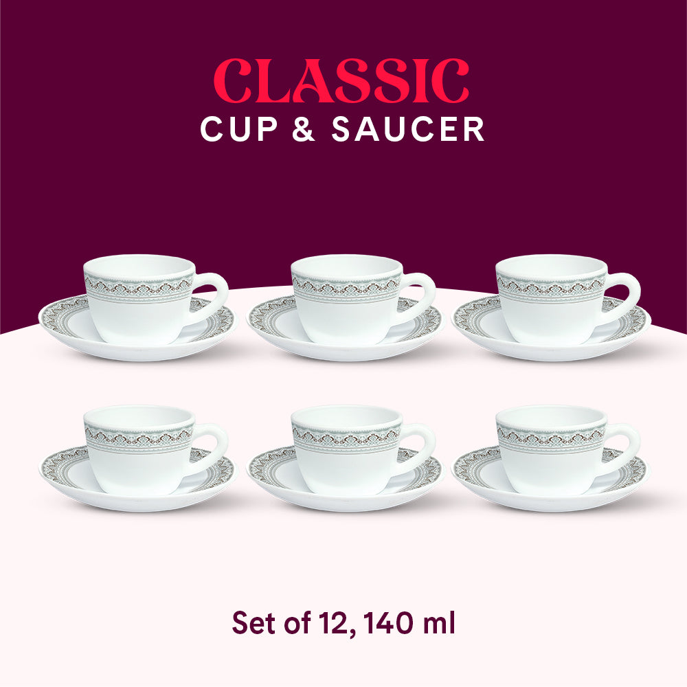 Larah by Borosil Classic Cup n Saucer Set 140 ml x 12