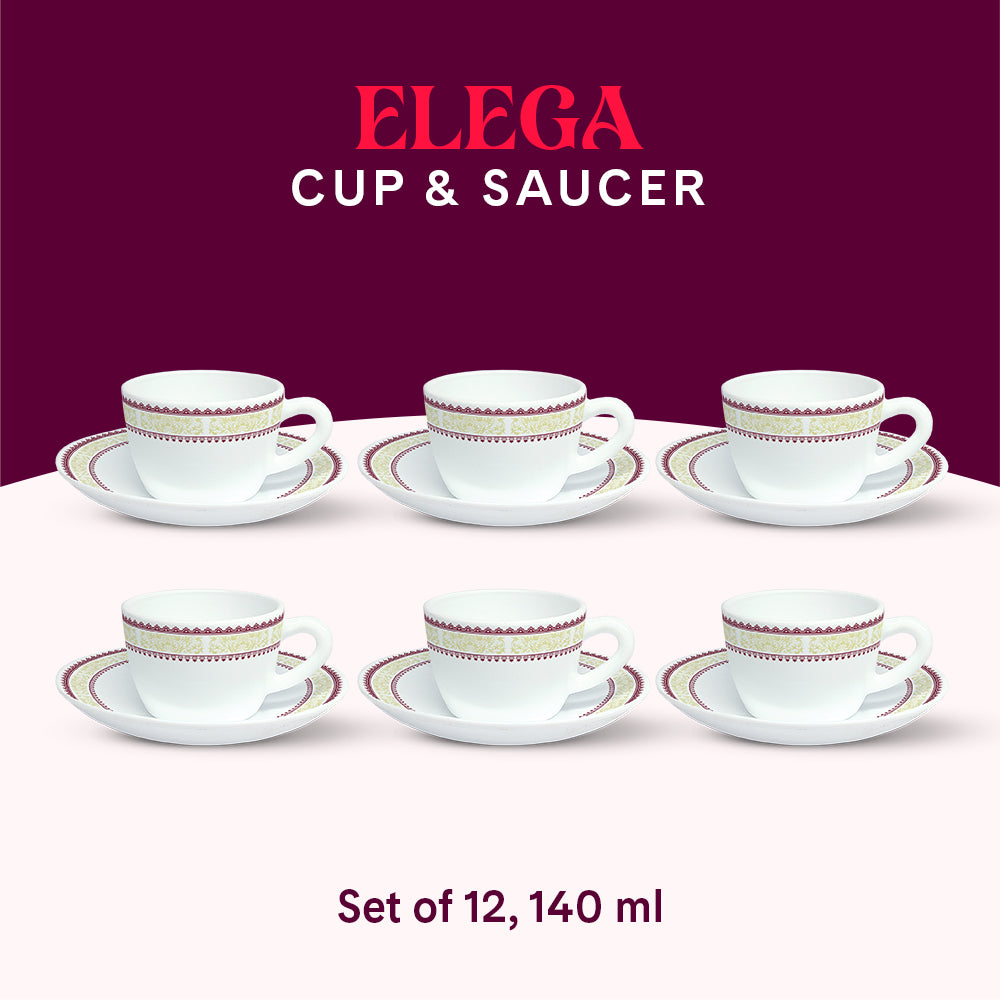 Larah by Borosil Elega Cup n Saucers Set 140 ml x 12