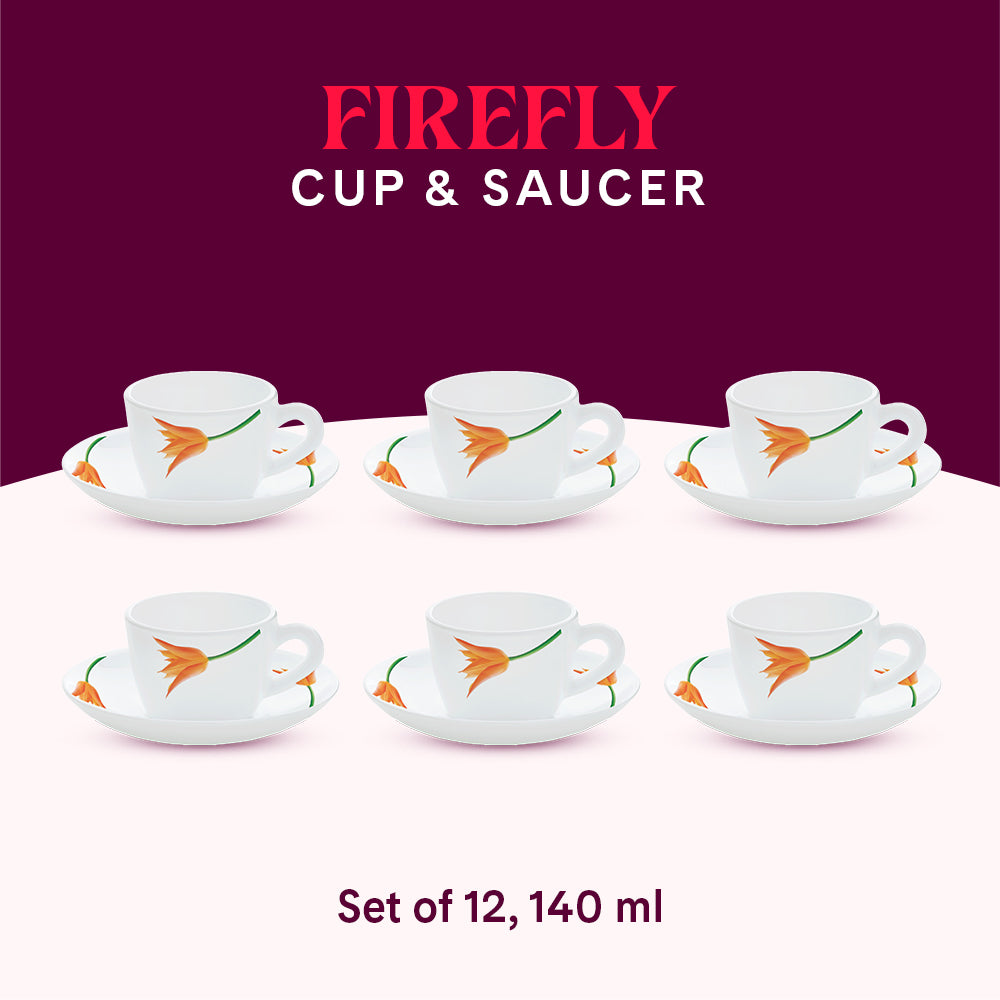 Larah by Borosil Firefly Cup n Saucer Set 140 ml x 12