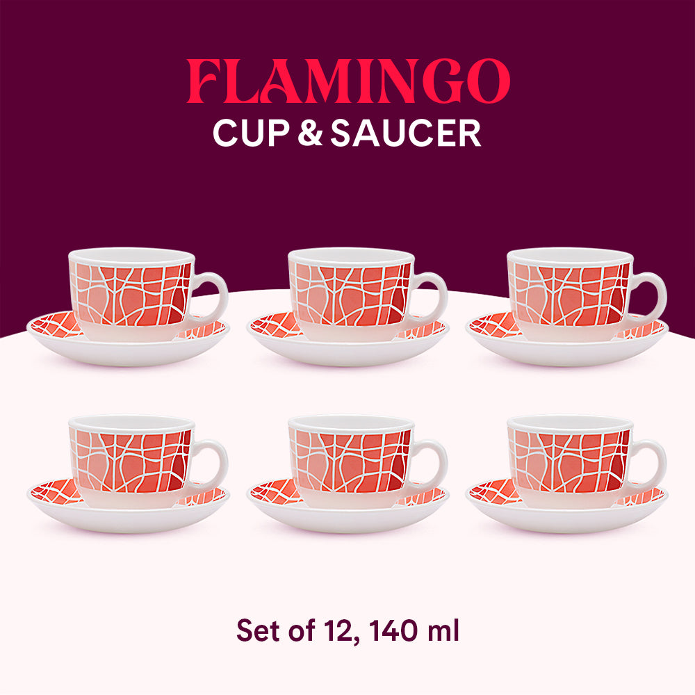 Larah by Borosil Flamingo Cup n Saucers Set 140 ml x 12
