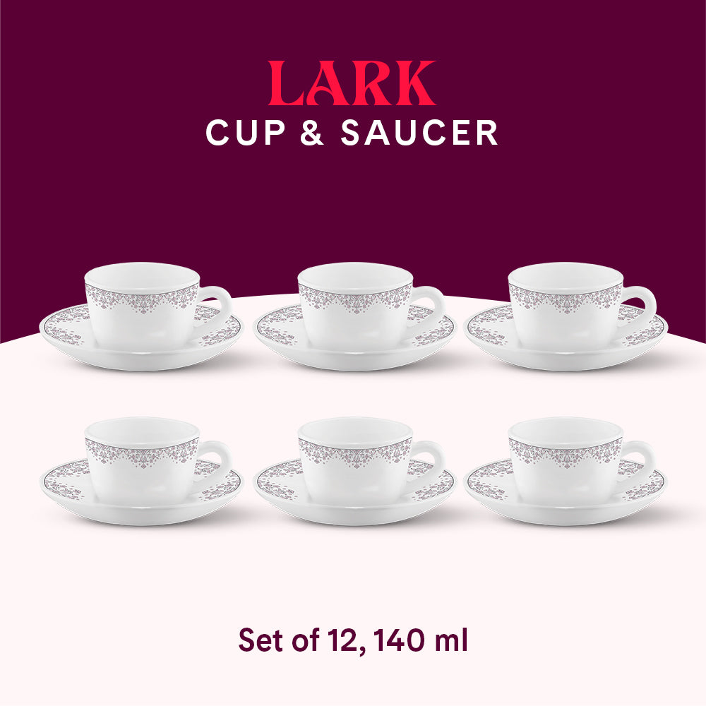 Larah by Borosil Lark Cup n Saucers Set 140 ml x 12