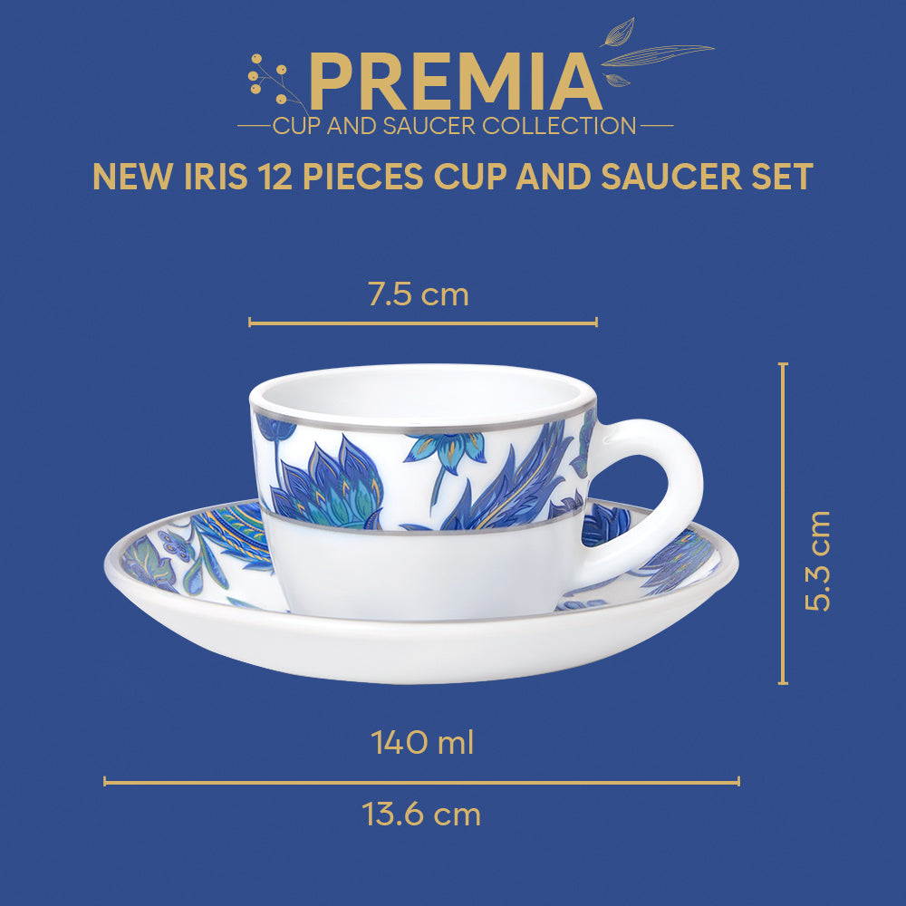 Larah By Borosil New Iris Cup n Saucer Set 140 ml x 12