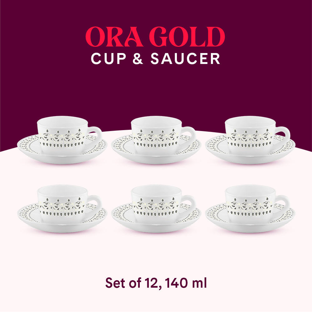 Larah by Borosil Ora Gold Cup n Saucer Set 140 ml x 12