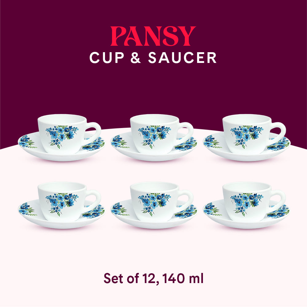 Larah by Borosil Pansy Cup n Saucer Set 140 ml x 12