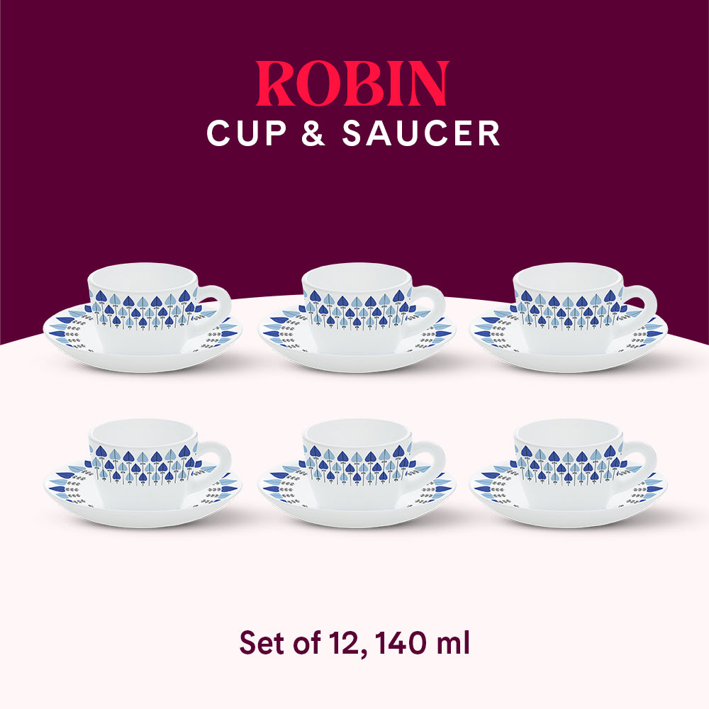 Larah by Borosil Robin Cup n Saucers Set 140 ml x 12