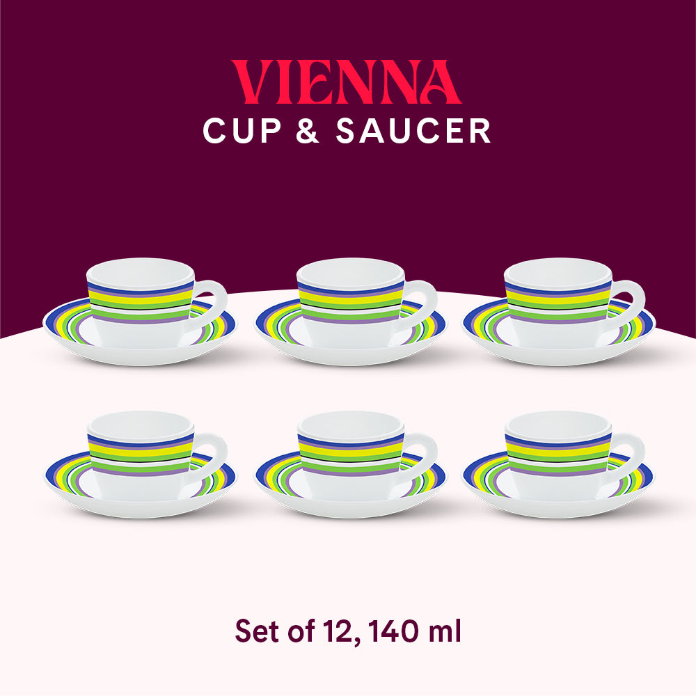 Larah by Borosil Vienna Cup n Saucers Set 140 ml x 12