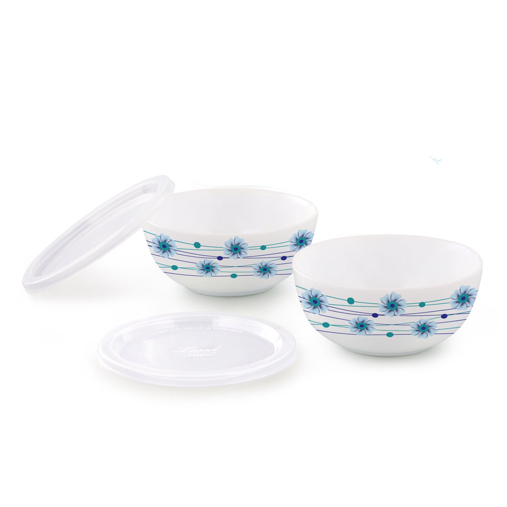 Larah by Borosil Bluebell Snack Bowl with Cover 2 pc Set + 2 Lids