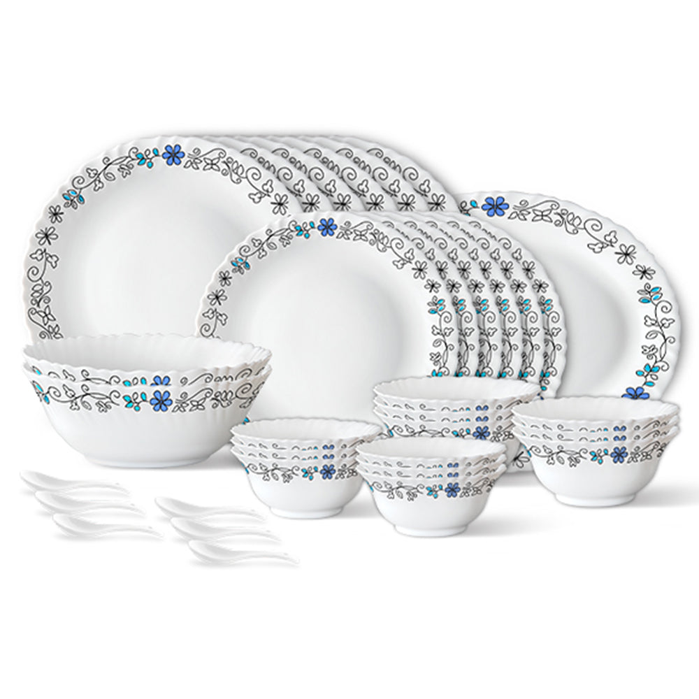 Larah by Borosil, Blue Iris Dinner Set 33 pc Set: Serves 6