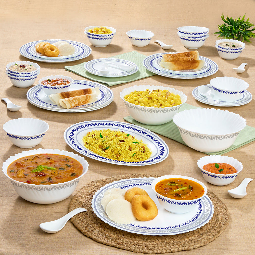 Larah by Borosil Jazzblue Dinner Set 44 pc Set: Serves 8