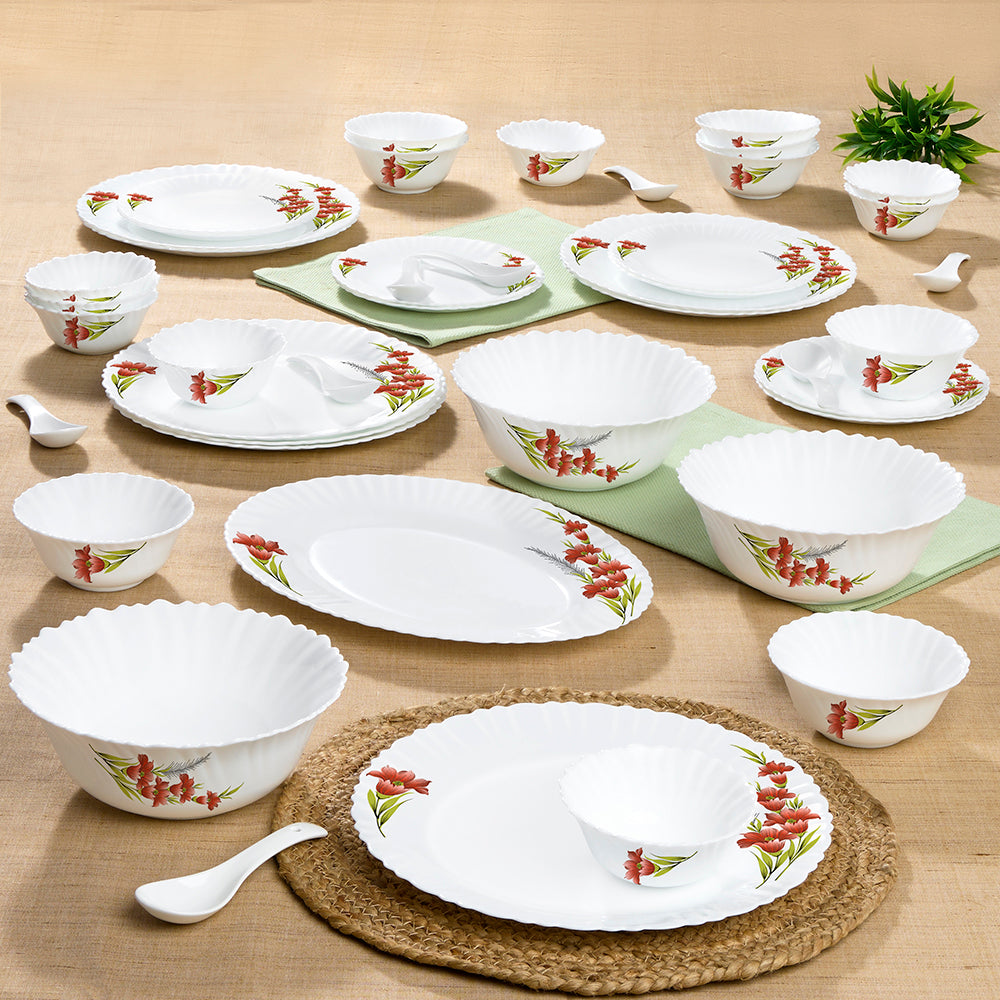 Larah by Borosil Red Iris Dinner Set 44 pc Set: Serves 8