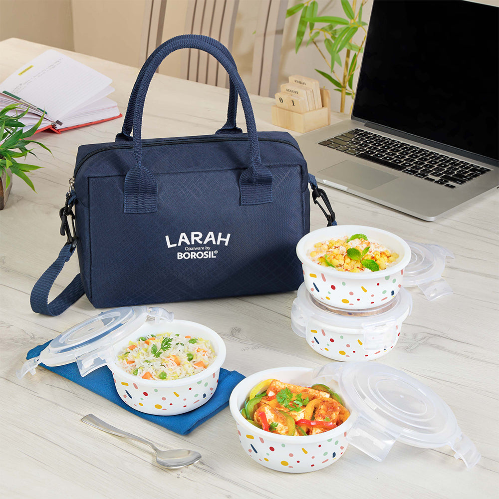 Larah by Borosil Aria Lunchbox, Set of 4, Blue, 400ml