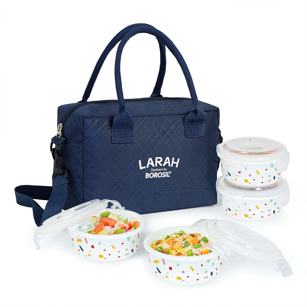 Larah by Borosil Aria Lunchbox, Set of 4, Blue, 400ml
