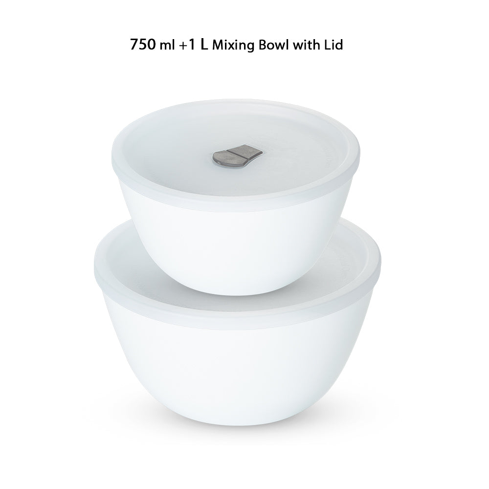 Larah by Borosil Snow Mixing Bowl w Lid, Set of 2, 1L + 750ml