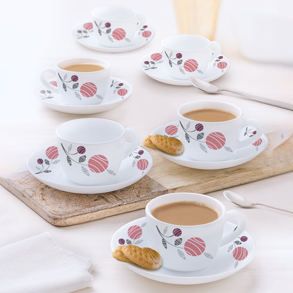 Larah By Borosil Dahlia Cup n Saucer Set 140 ml x 12