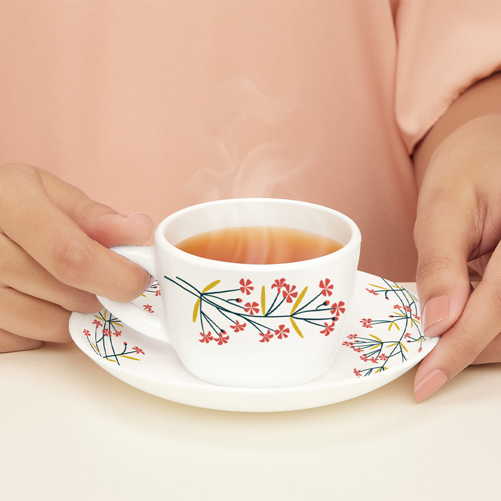 Larah By Borosil Red Bud Cup n Saucer Set 140 ml x 12