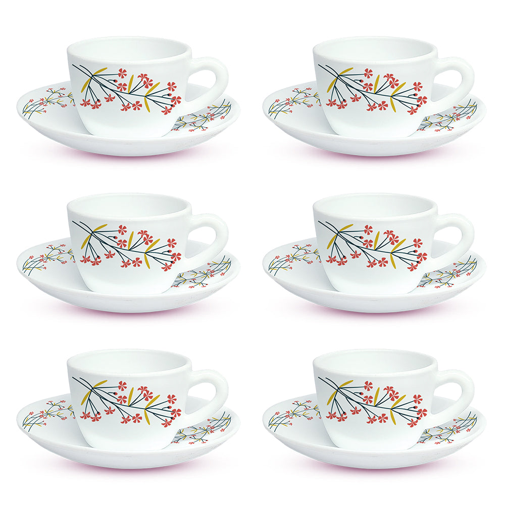 Larah By Borosil Red Bud Cup n Saucer Set 140 ml x 12