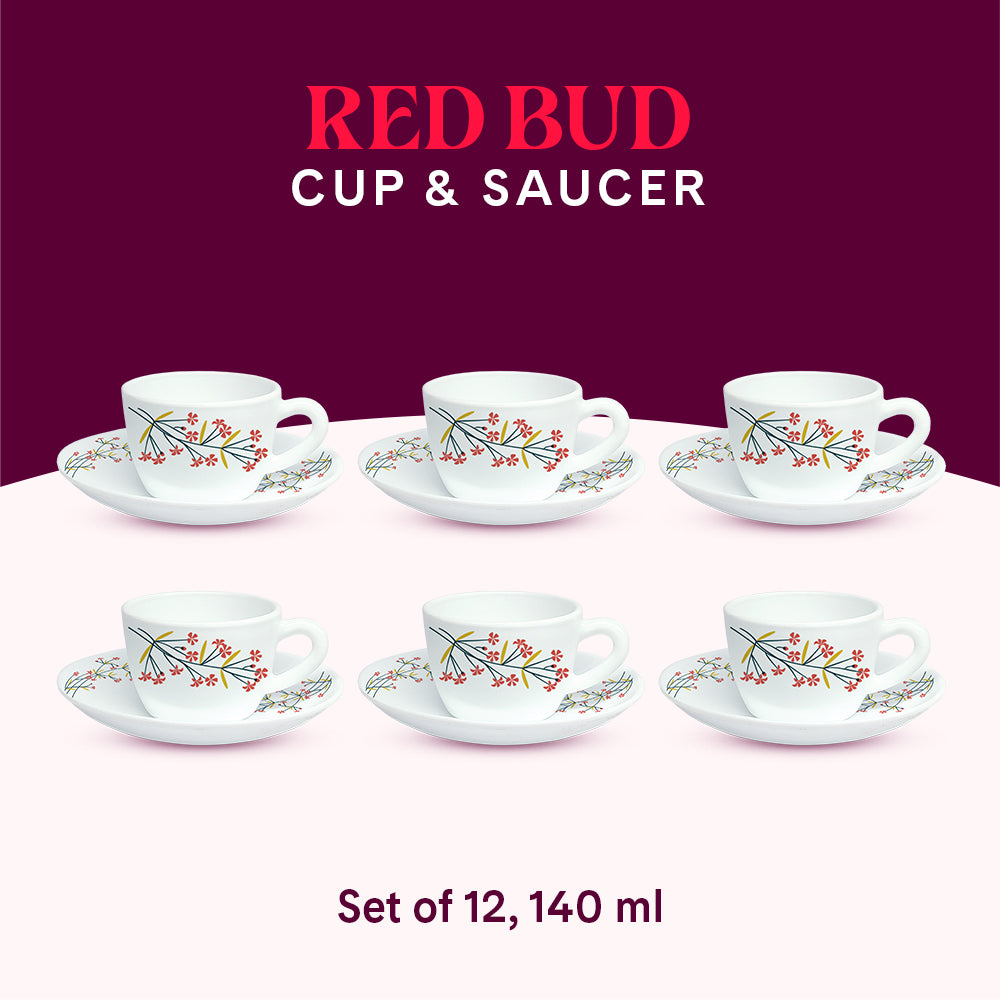 Larah By Borosil Red Bud Cup n Saucer Set 140 ml x 12