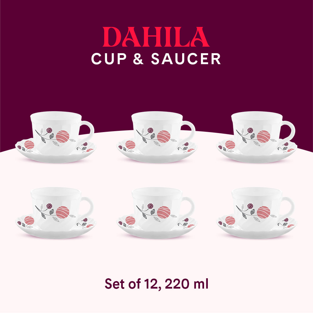 Larah By Borosil Dahlia Cup n Saucer Set 220 ml x 12