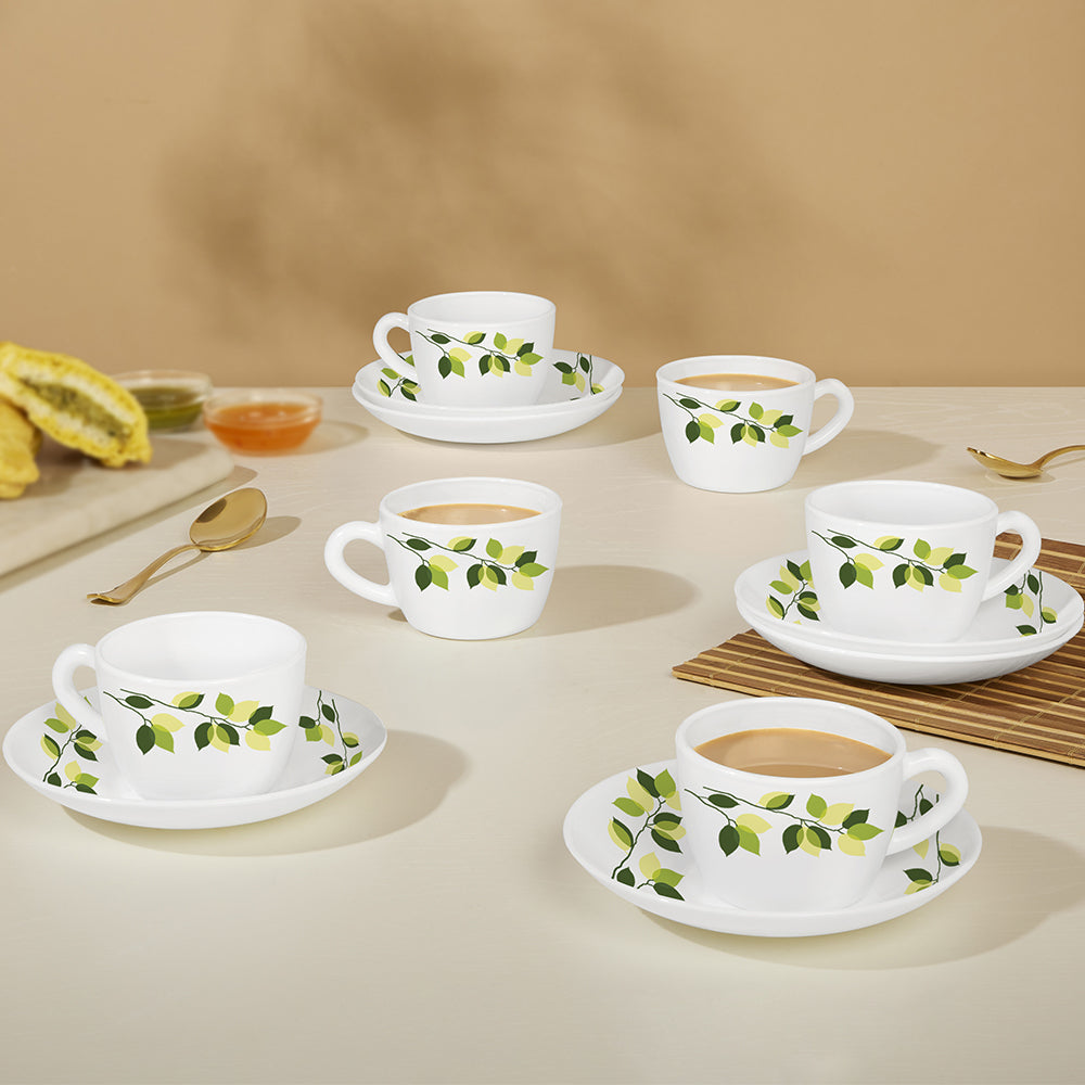 Larah By Borosil Green Leaves Cup n Saucer Set 220 ml x 12