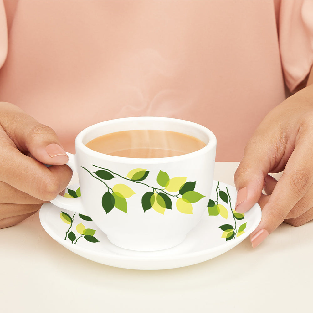 Larah By Borosil Green Leaves Cup n Saucer Set 220 ml x 12
