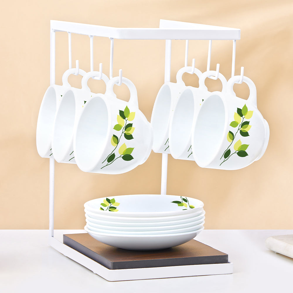 Larah By Borosil Green Leaves Cup n Saucer Set 220 ml x 12