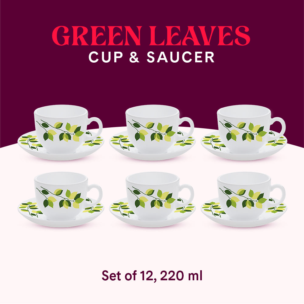 Larah By Borosil Green Leaves Cup n Saucer Set 220 ml x 12