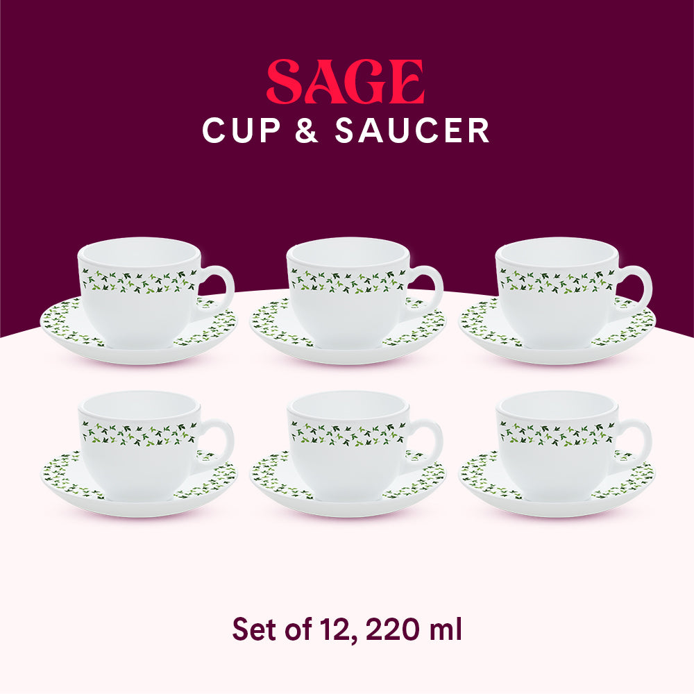 Larah By Borosil Sage Cup n Saucer Set 220 ml x 12