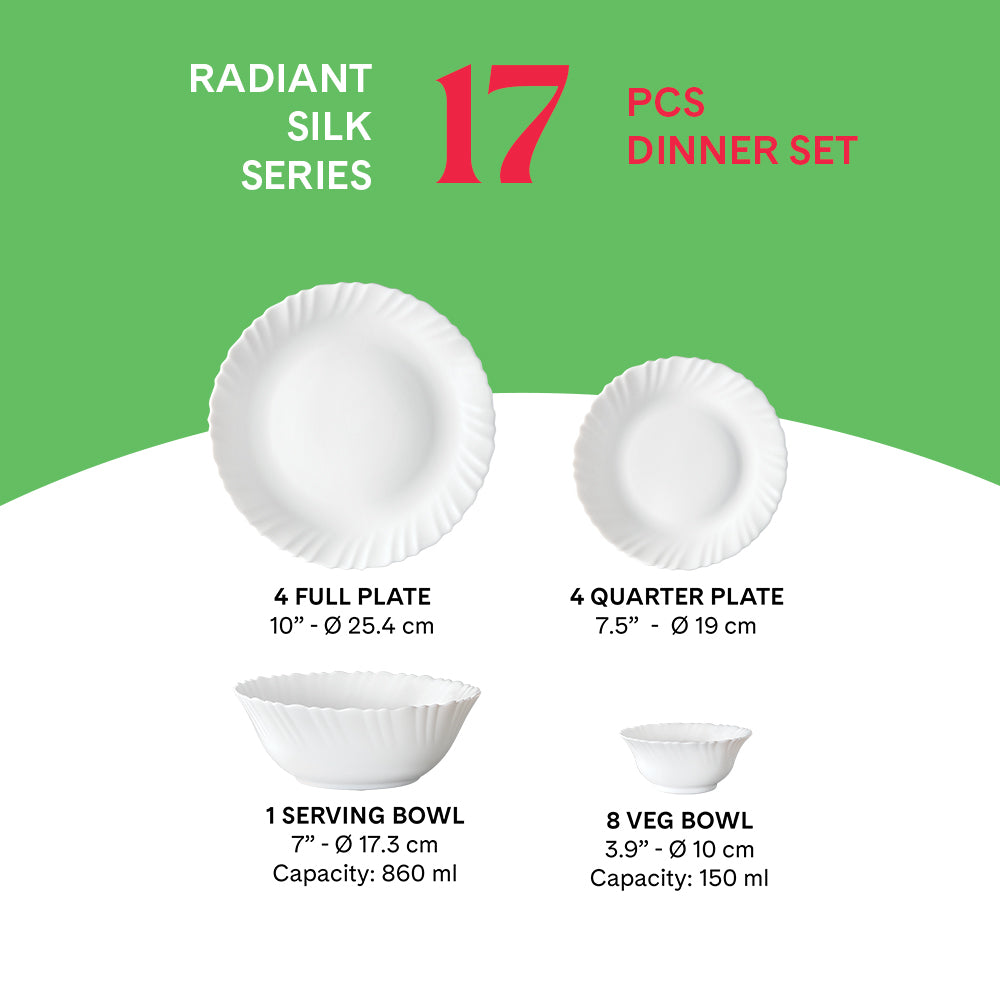 Larah by Borosil, Radiant Dinner Set 17 pc Set: Serves 4