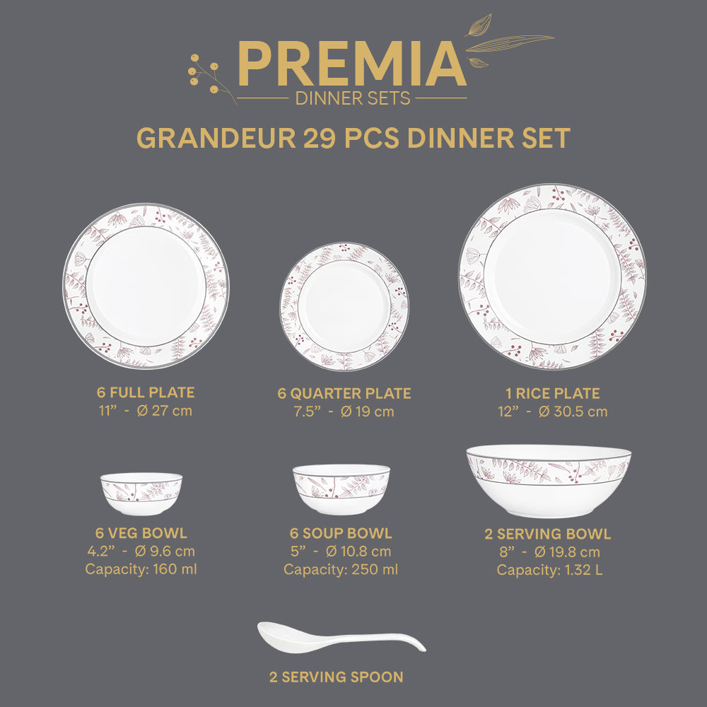 Larah By Borosil Grandeur Dinner Set, 29 pc