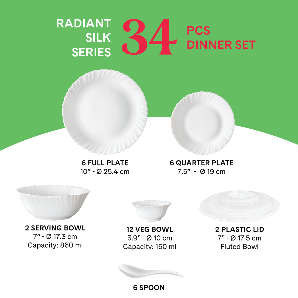 Larah by Borosil, Radiant Dinner Set 34 pc Set: Serves 6