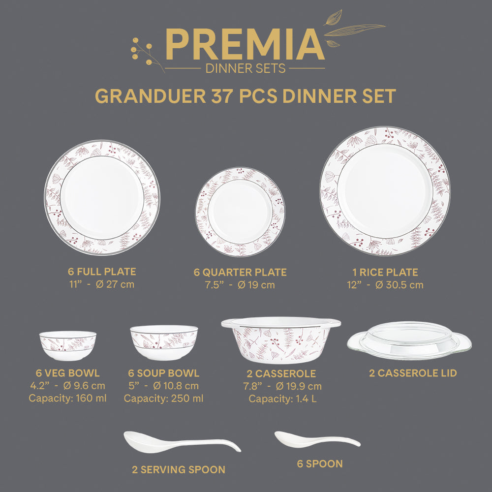 Larah By Borosil Grandeur Dinner Set, 37 pc