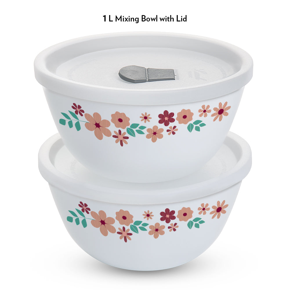 Larah by Borosil Ayana Mixing Bowl Set w Lid, 4pcSet(1L+1L)