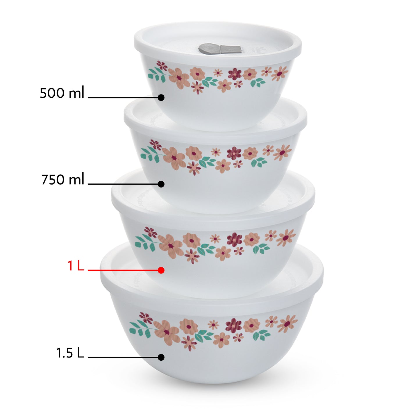 Larah by Borosil Ayana Mixing Bowl Set w Lid, 4pcSet(1L+1L)