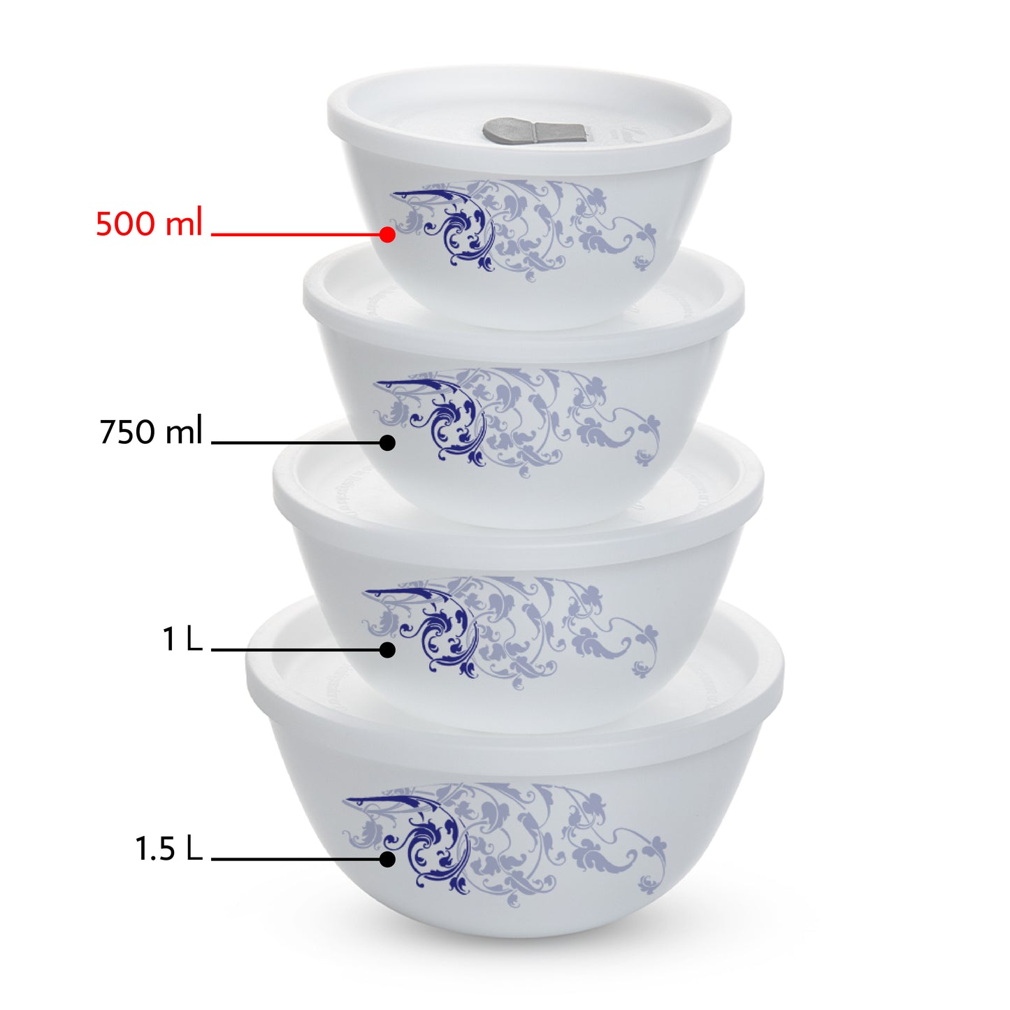 Larah by Borosil Blue Eve Mixing Bowl Set w Lid, 4 pc Set (500ml + 500ml)
