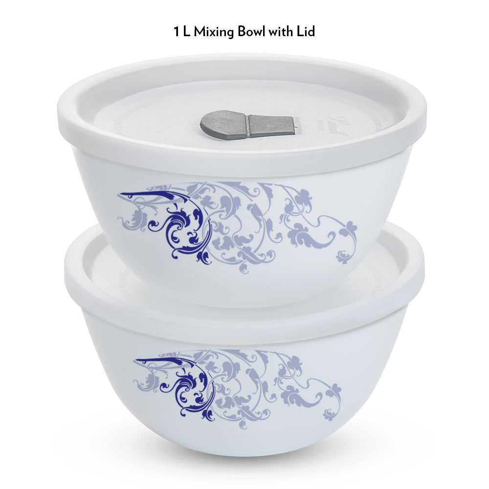 Larah by Borosil Blue Eve Mixing Bowl Set w Lid, 4pcSet(1L+1L)