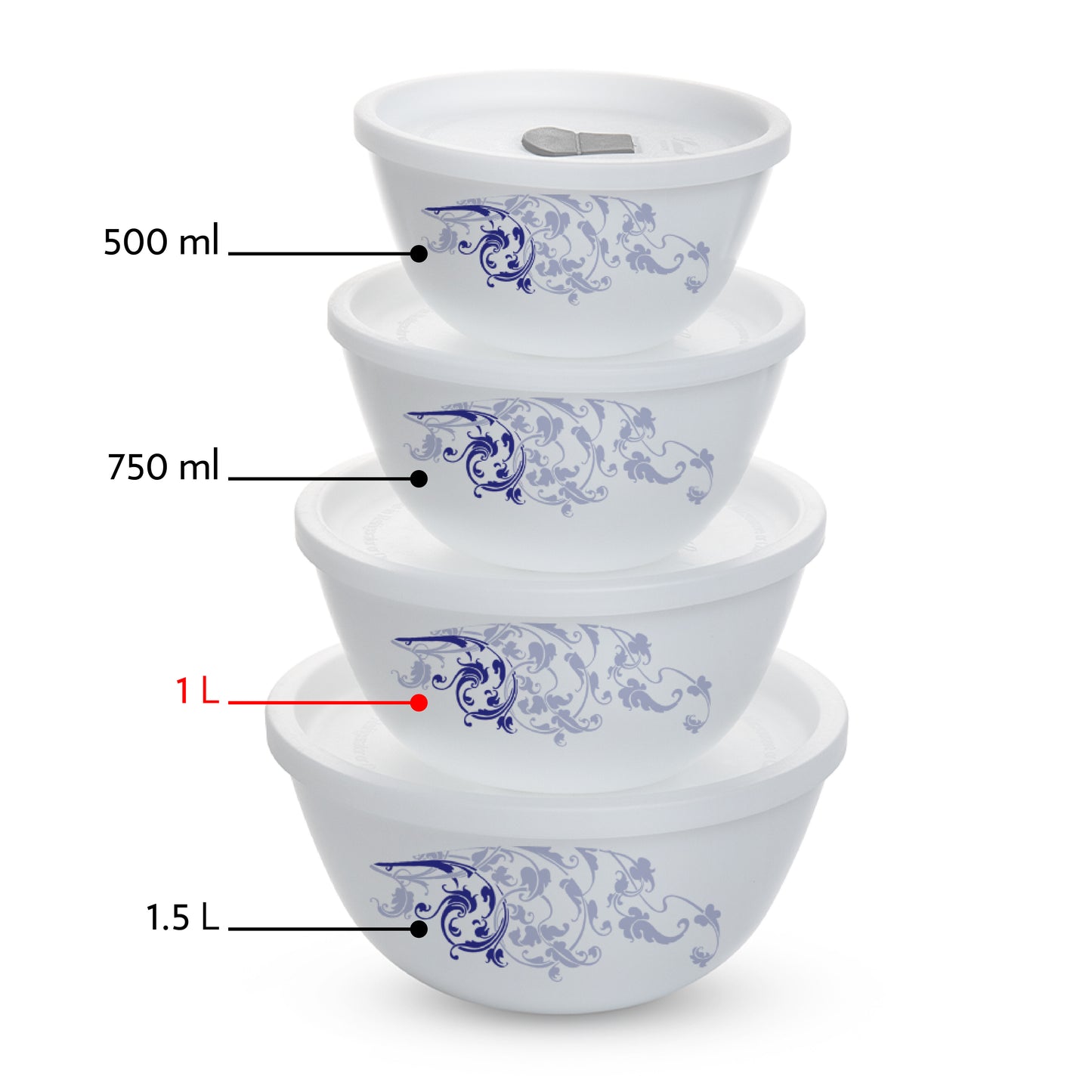 Larah by Borosil Blue Eve Mixing Bowl Set w Lid, 4pcSet(1L+1L)