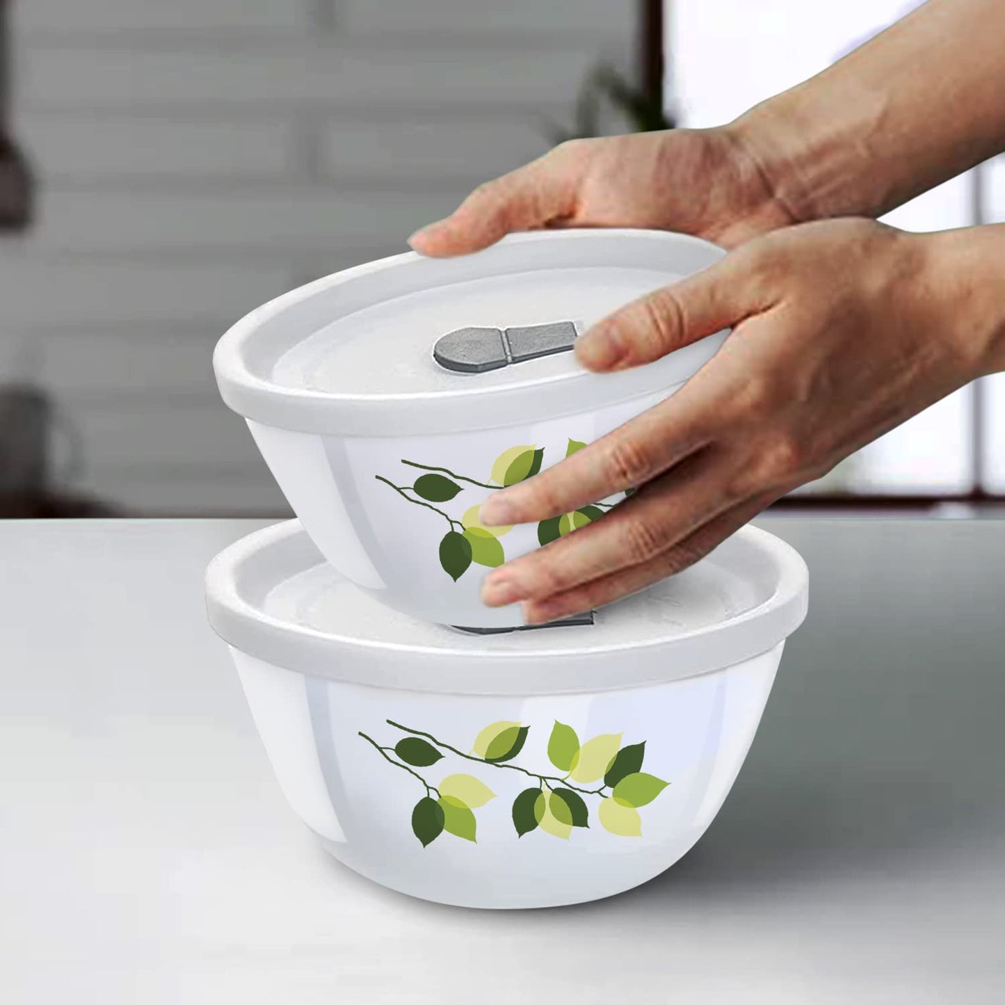 Larah by Borosil Green Leaves 4 pc Mixing Bowl, 1 L + 1.5 L