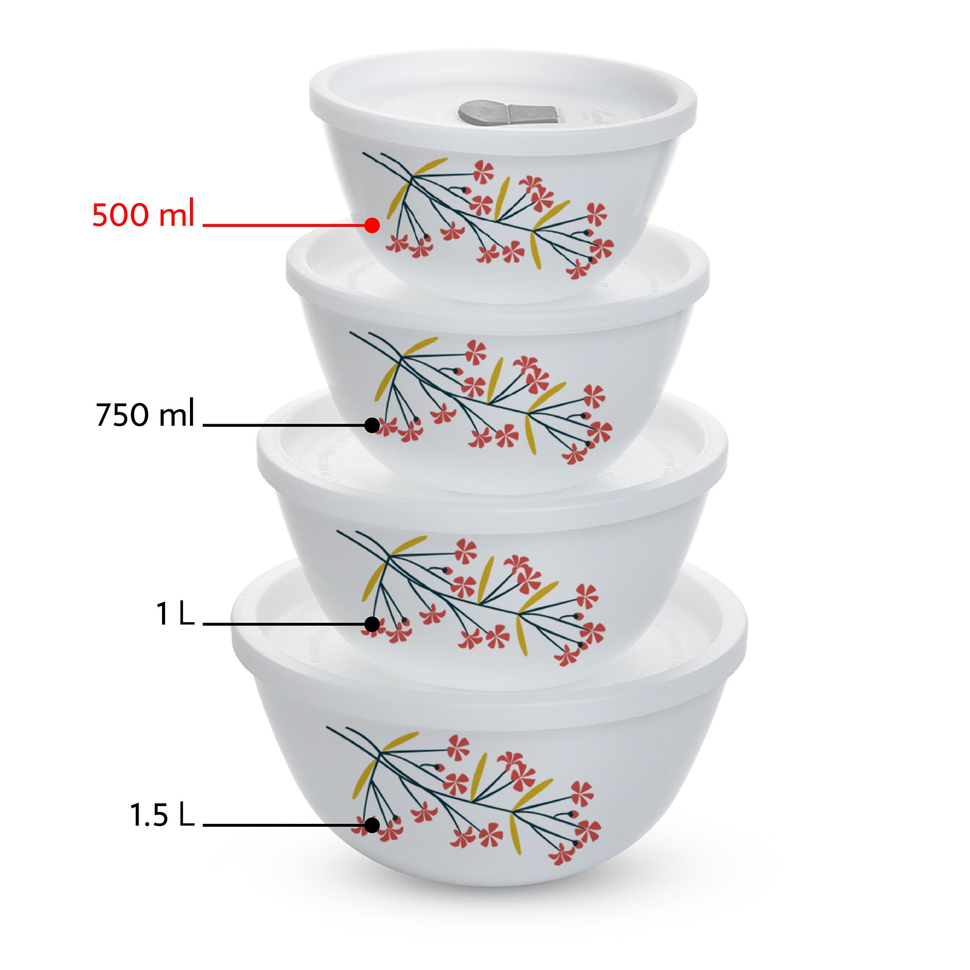 Larah by Borosil Red Bud 4 pc Mixing Bowl, 500 ml x 2