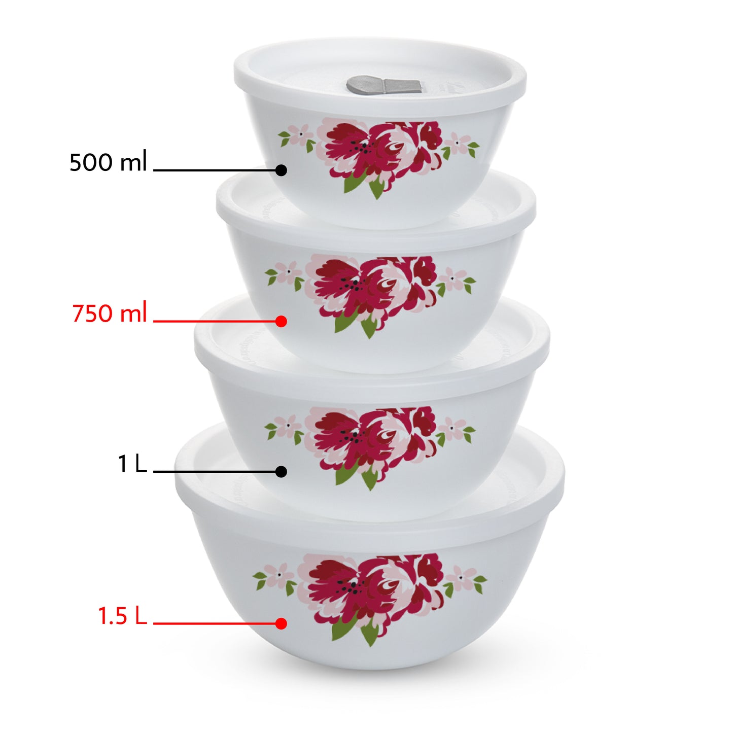 Larah by Borosil Rose Red 4 pc Mixing Bowl, 1 .5 L + 750 ml