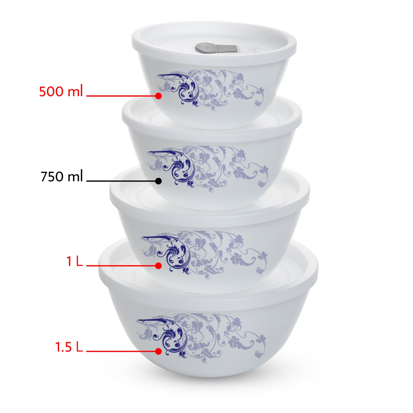 Larah by Borosil Blue Eve Mixing Bowl Set w Lid, 6 pc Set (500ml + 1L + 1.5 L)