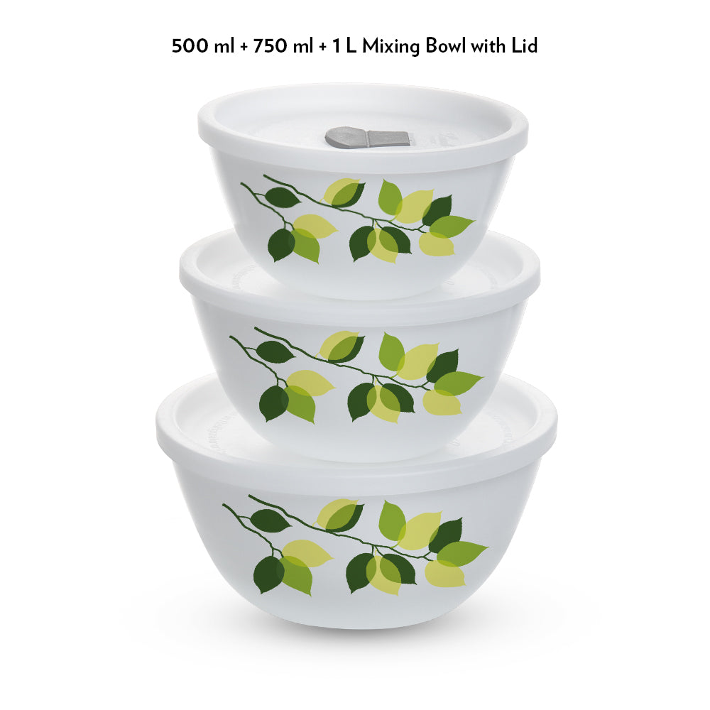 Larah by Borosil Green Leaves 4 pc Mixing Bowl, 1 L + 750 ml + 500 ml