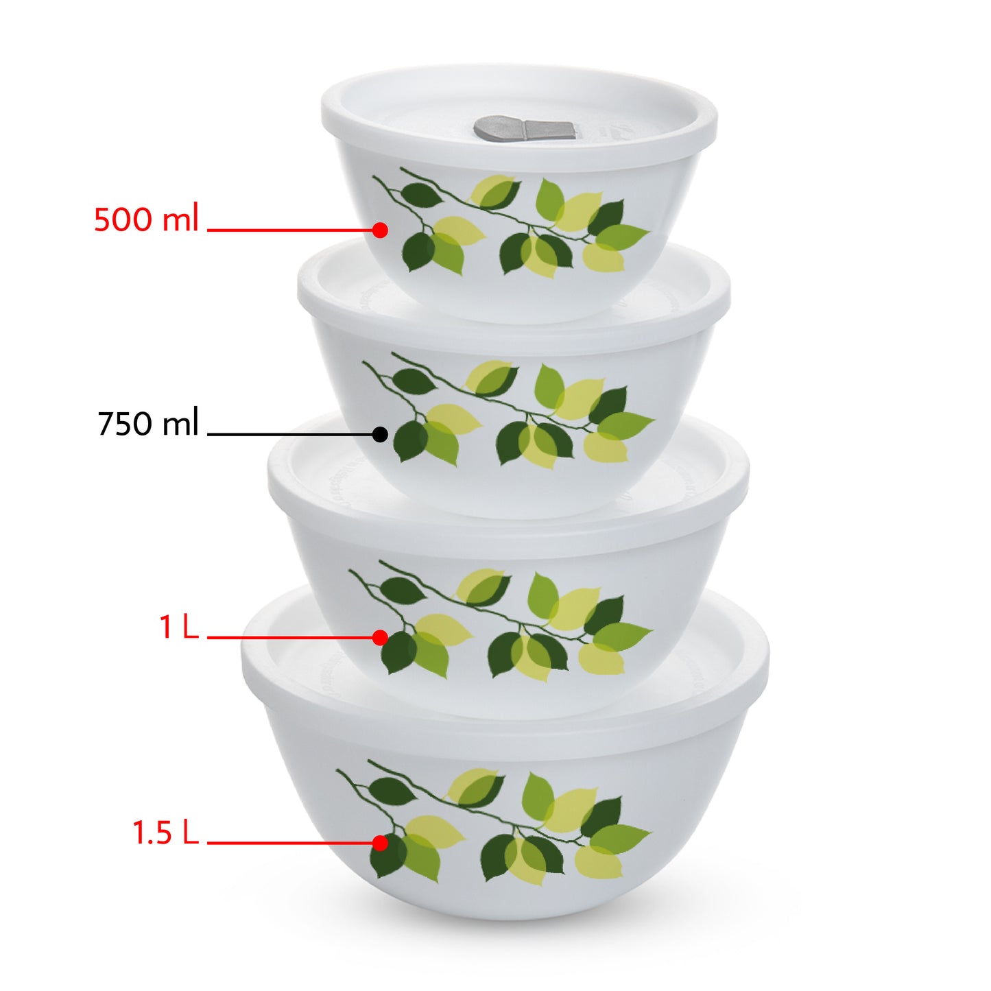 Larah by Borosil Green Leaves 4 pc Mixing Bowl, 500 ml + 1 L + 1.5 L
