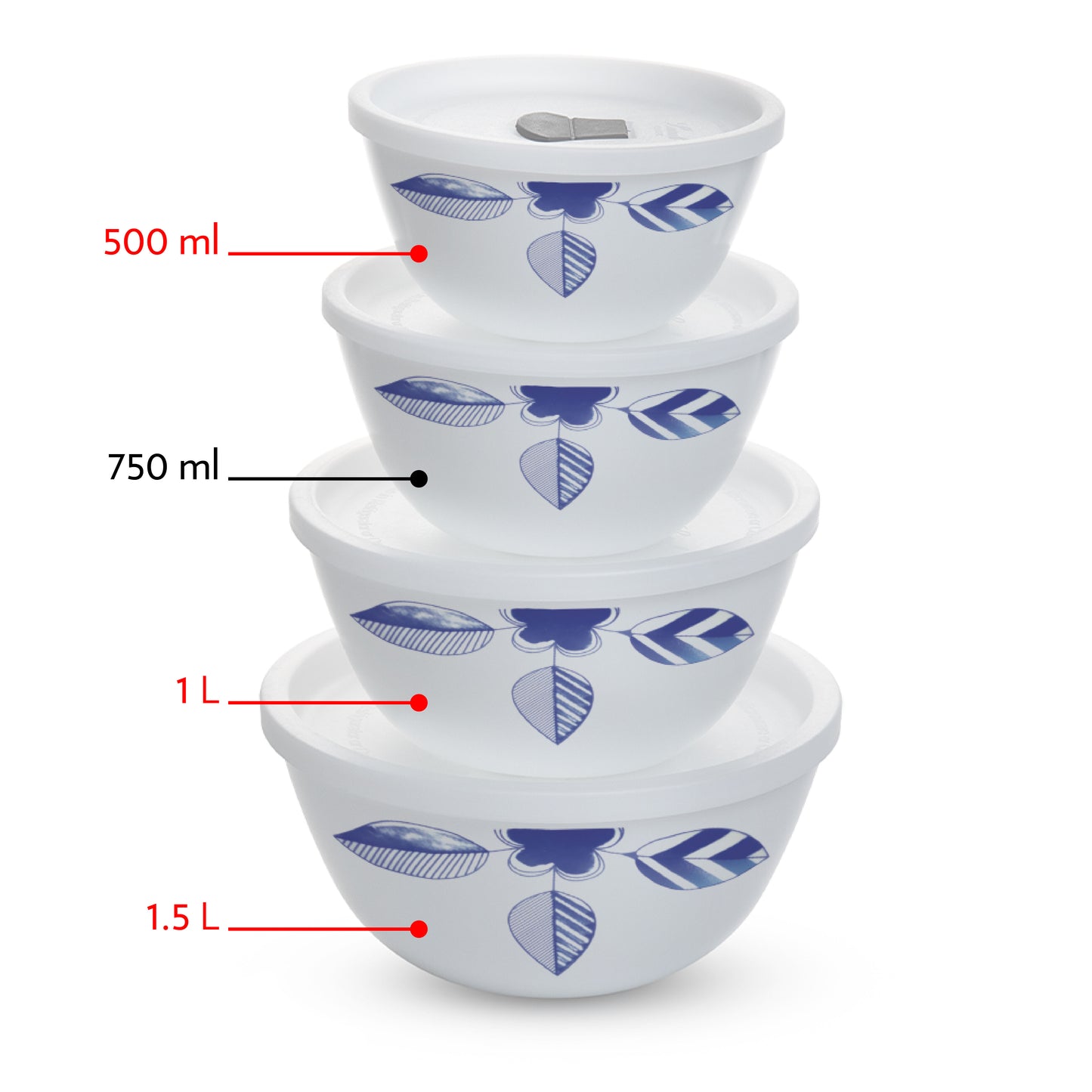 Larah by Borosil Morning Glory 4 pc Mixing Bowl, 500 ml + 1 L + 1.5 L