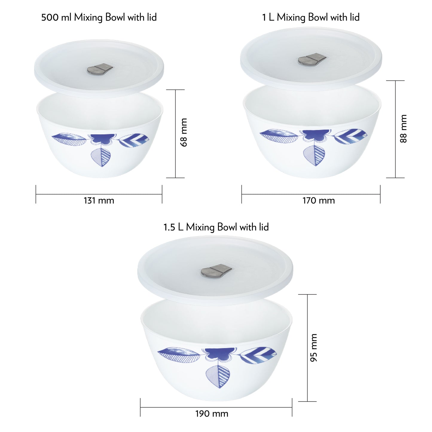 Larah by Borosil Morning Glory 4 pc Mixing Bowl, 500 ml + 1 L + 1.5 L