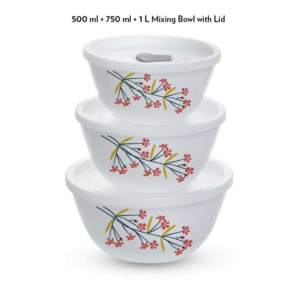 Larah by Borosil Red Bud 4 pc Mixing Bowl, 1 L + 750 ml + 500 ml